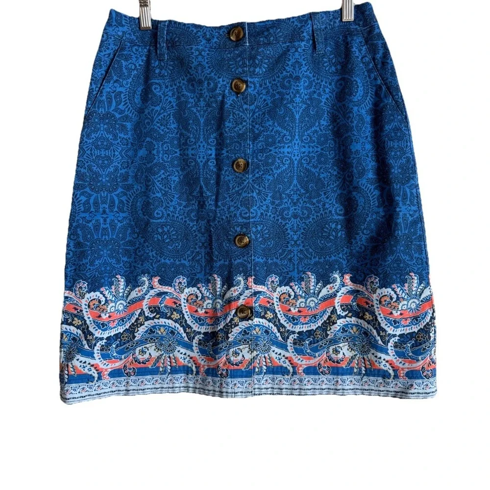 Lands End Womens Sz 8 Paisley Print Skirt A-Line Button Front Boho Chic Nautical